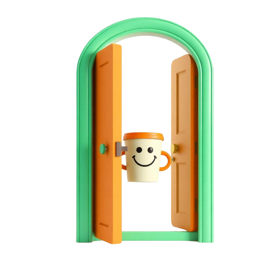 3D open deur met lachend koffiekopje