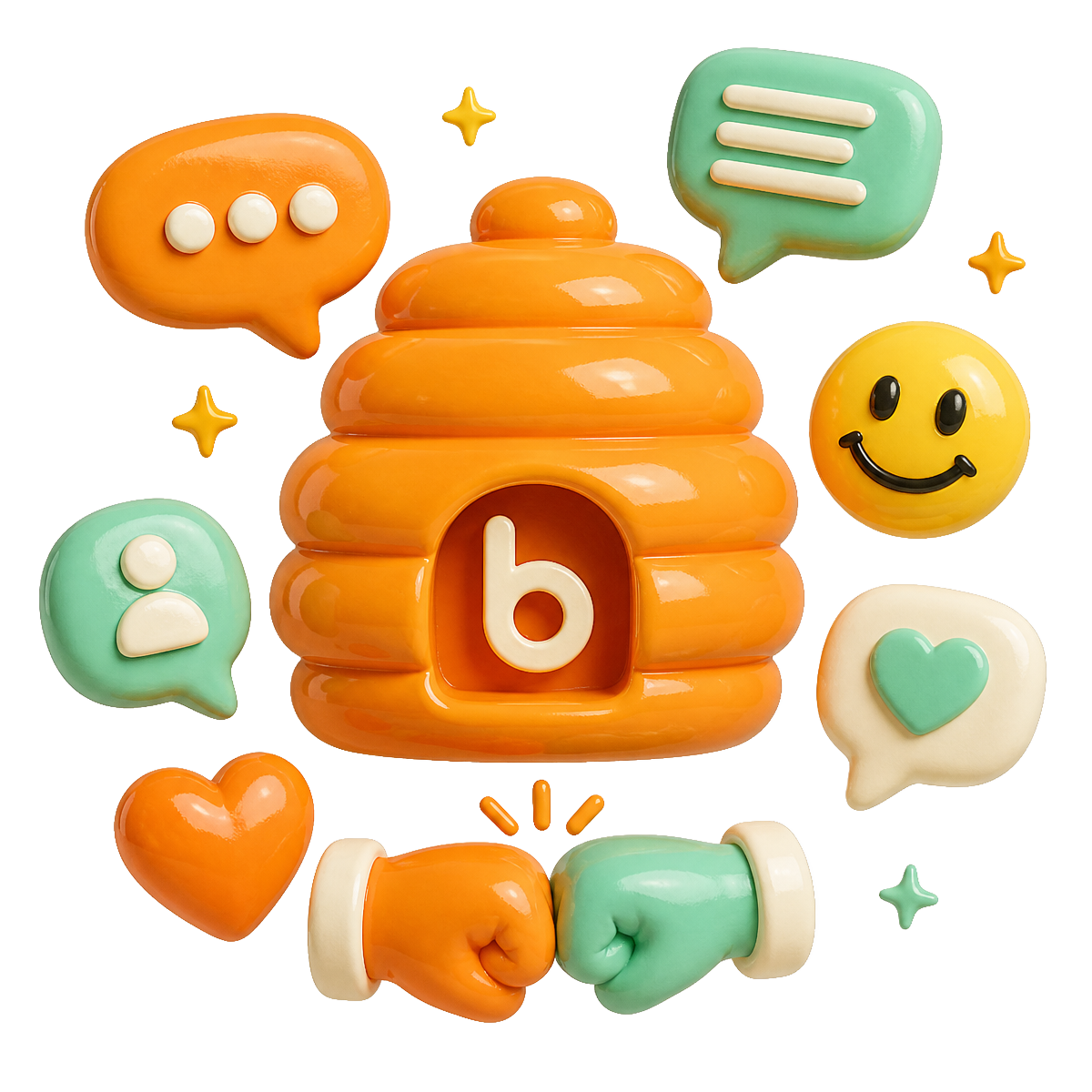 3D bijenkorf met chatbubbels, smiley en een boks
